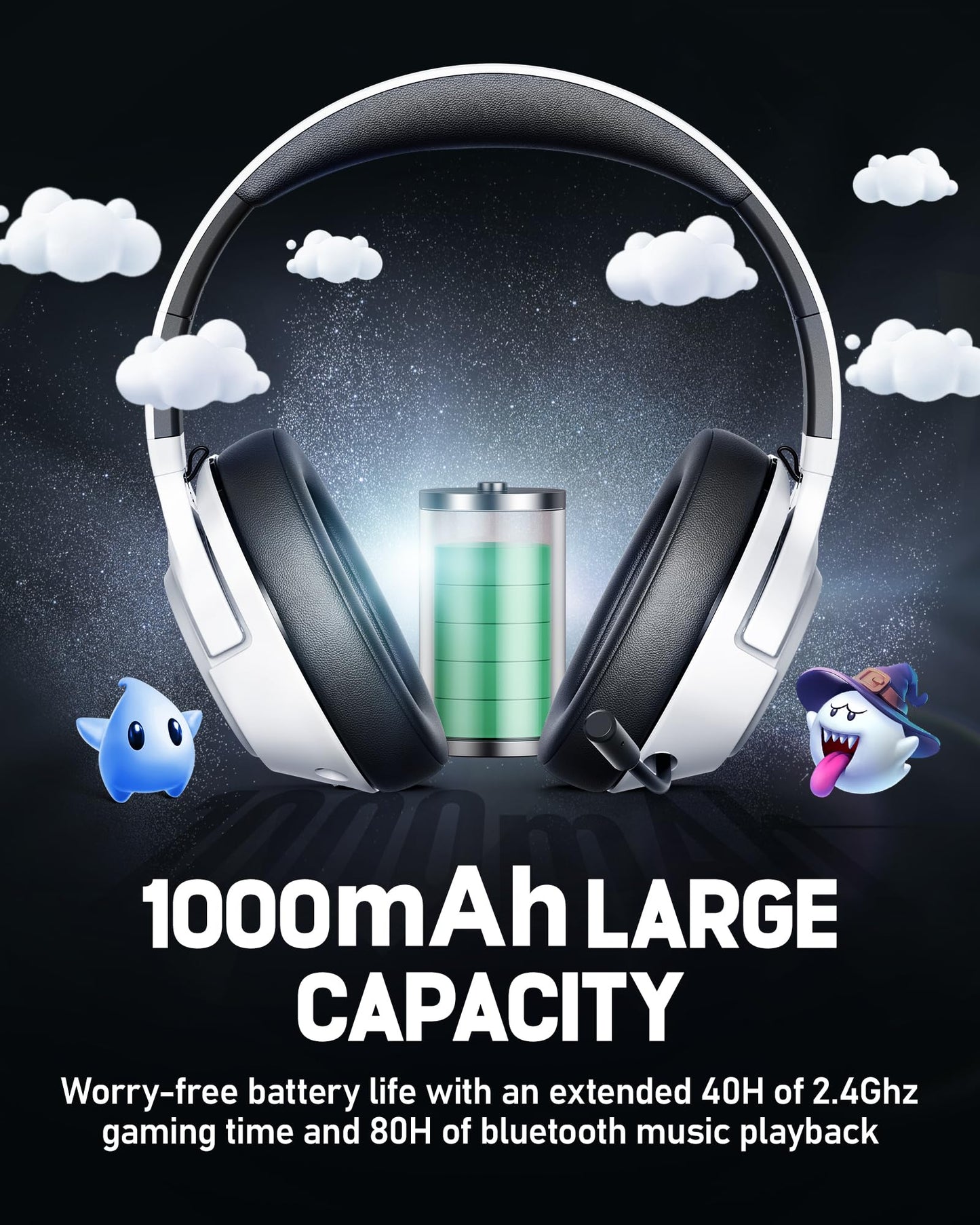 Wireless Gaming Headset for Nintendo Switch丨OLED丨Lite,2.4Ghz USB & Type-C， Bluetooth 5.4 Gaming Headphones with Noise Cancelling Microphone, 40Hr Battery, for PS5, PS4, PC, Mac （White and Black ）