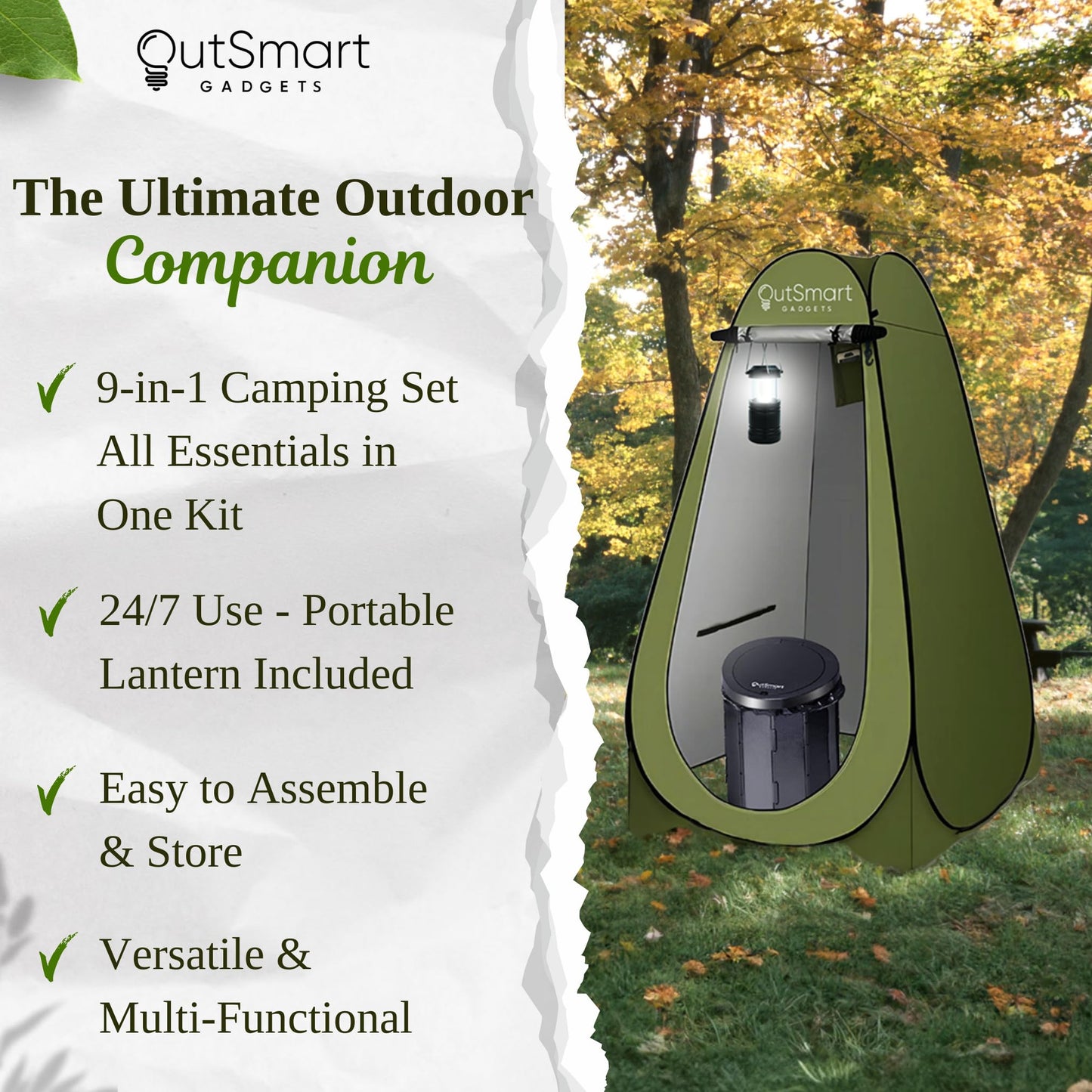 Outsmart Gadgets Portable Toilet Kit for Adults with Camping Night Lantern, Folding XL Toilet Seat, Pop Up Privacy Tent and Carry Bags, Multipurpose Potty, Washable Foldable for RV and Travel