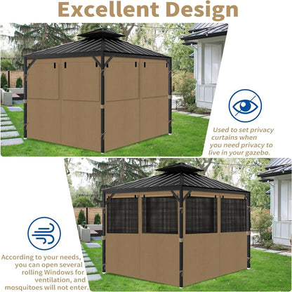 aonear Gazebo Privacy Curtains 10' x 10' with Mosquito Windows, 4-Panels Side Wall with Zipper Universal Replacement for Patio, Outdoor Canopy, Garden and Backyard, Khaki (Curtain Only)