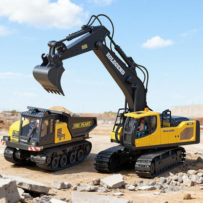 kolegend Remote Control Excavator Toy for Boy 2 Batteries- 1/20 Scale Remote Control Digger with Alloy Shovel Infinitely Rotating Cab Lights &amp Sounds - Gift for Kids Ages 678910