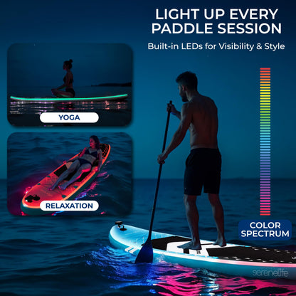 SereneLife 10’6” Inflatable Stand-Up Paddle Board with LED Lights - 32” Wide Stable Design with Non-Slip EVA Deck Pad, Includes Premium SUP Accessories, for Youth and Adults, 275 lbs. Capacity