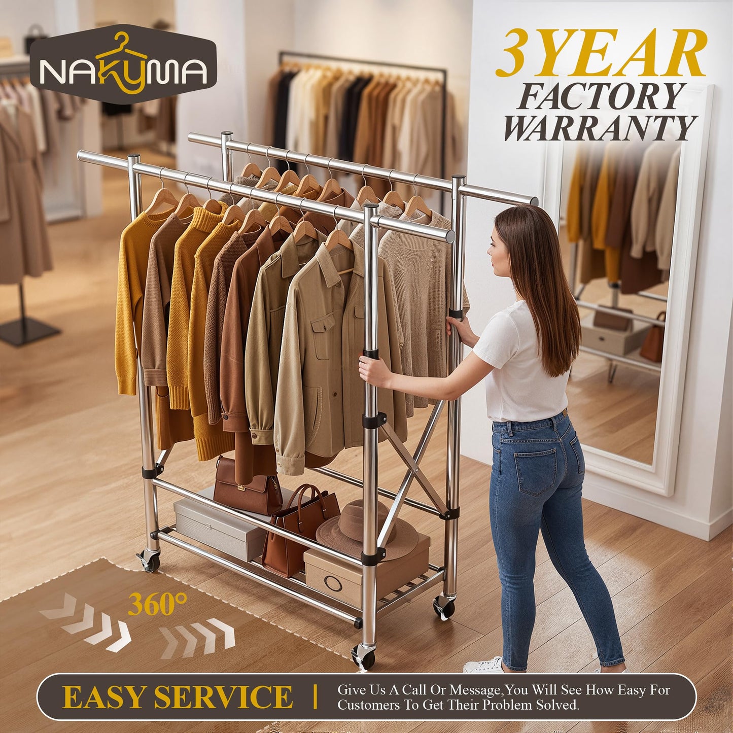 Nakyma Heavy Duty Clothes Rack Load 650 LBS, Double Rod Clothing Racks for Hanging Clothes, Foldable Garment Rack with Lockable Wheels, Portable Rolling Clothing Rack for Bedroom Laundry Living Room
