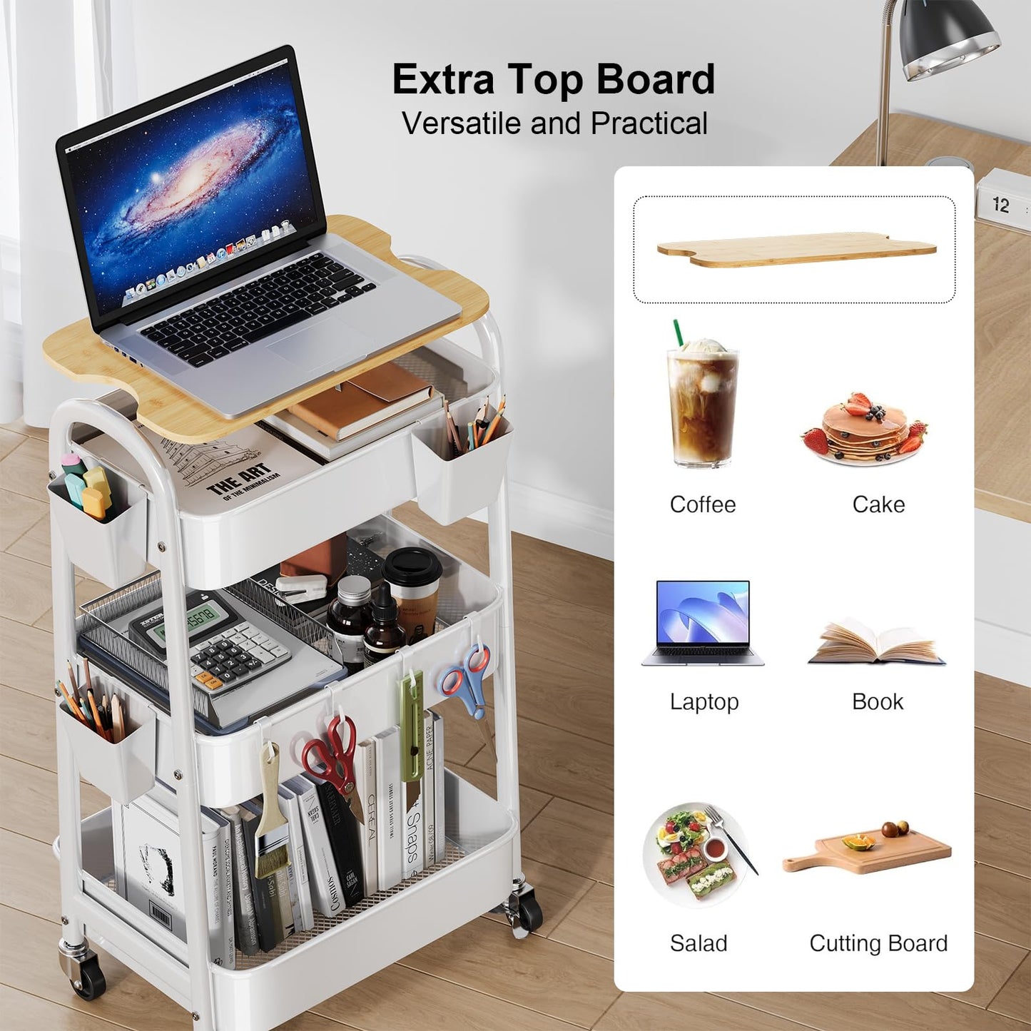 3 Tier Rolling Cart Metal with Wheels and Bamboo Table Top, Art Cart Organizer on Wheels, White Three Tiered Storage Utility Carts for Craft, Baby, Diaper Caddy,Coffee,Kitchen,Cleaning,Office Supplies
