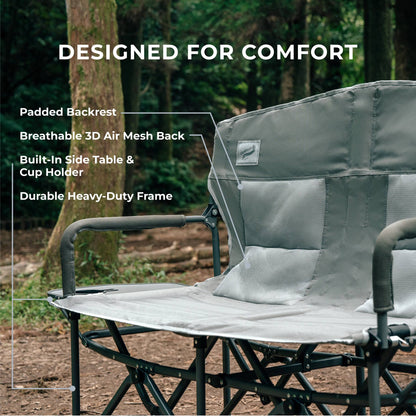 Camphor Designs Oversized Double Portable Folding Director’s Loveseat Chair with Padded Backrest, Side Table | Outdoor Sports, Beach, Lawn, Hunting, Tailgating, Fishing| Supports 300 Lbs/Seat
