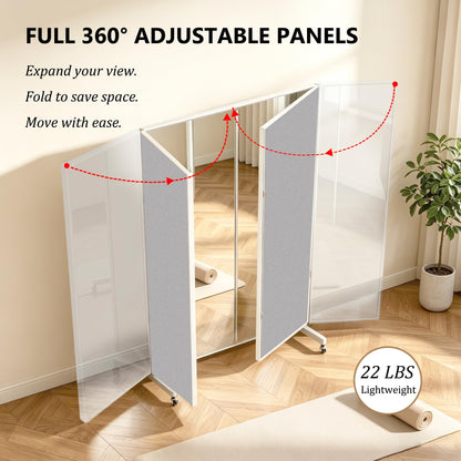 Fitcleer 71”x67” Rolling Full Length Mirror, 3-Way Foldable Glassless Nano Design, Ultra-Light Mirror with Wheels for Home Gym, Dance Studio & Workout Room, White
