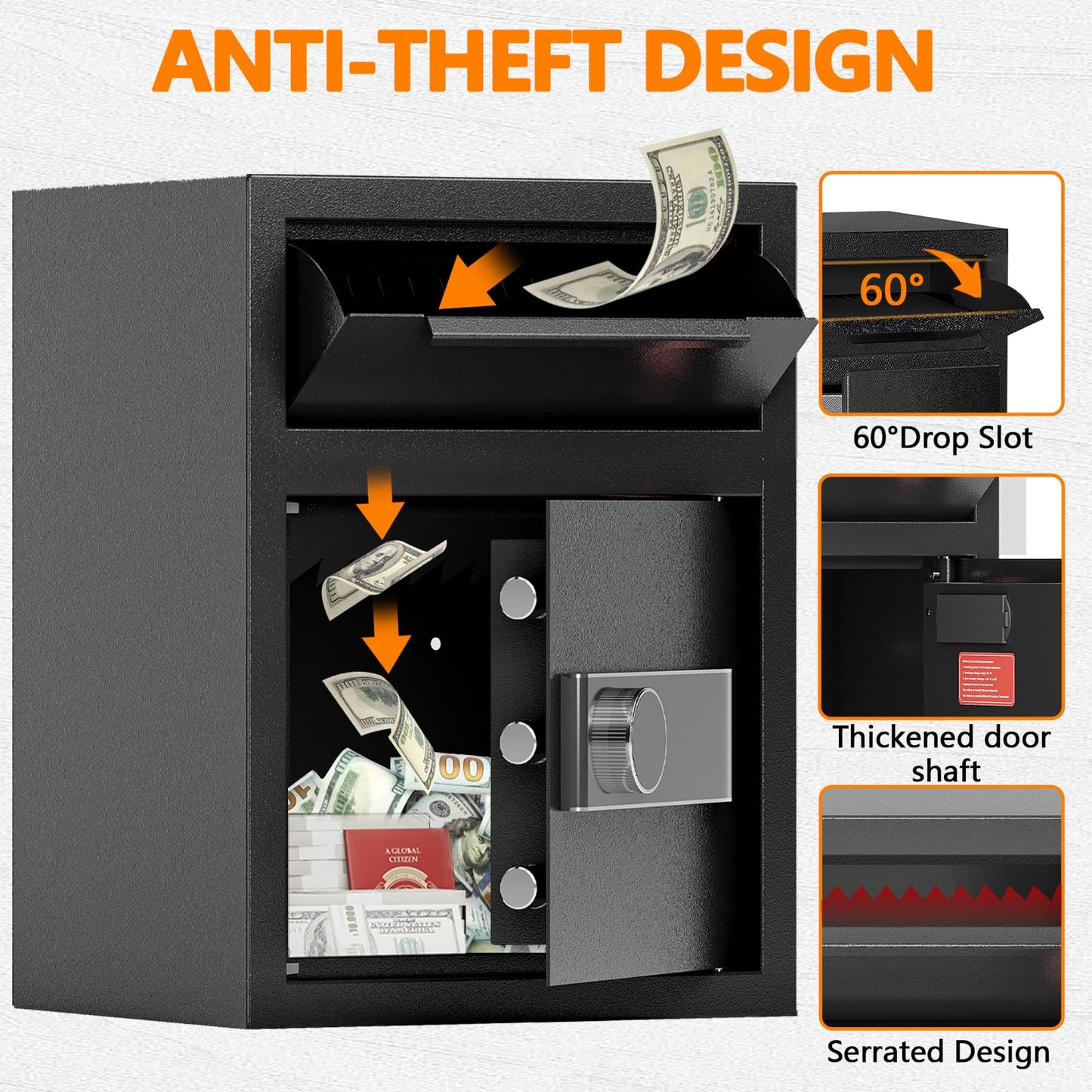 2.0 CUB Depository Drop Safe Fireproof, Front Drop Slot Lock Box with Digital Combination and Anti-Fishing, Silent Deposit Safe Box, Security Money Safe for Cash Slips Expense Business Office Home