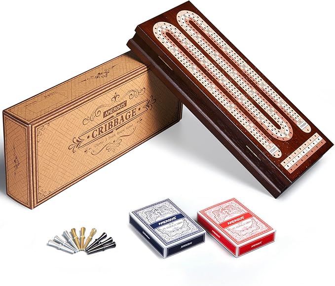 AMEROUS Wooden Cribbage Board Game Set with Magnetic Lock / 9 Metal Pegs / 2 Decks of Playing Cards/Larger Storage Area/Instruction Classic Tabletop Game for Family (3 Track Board)