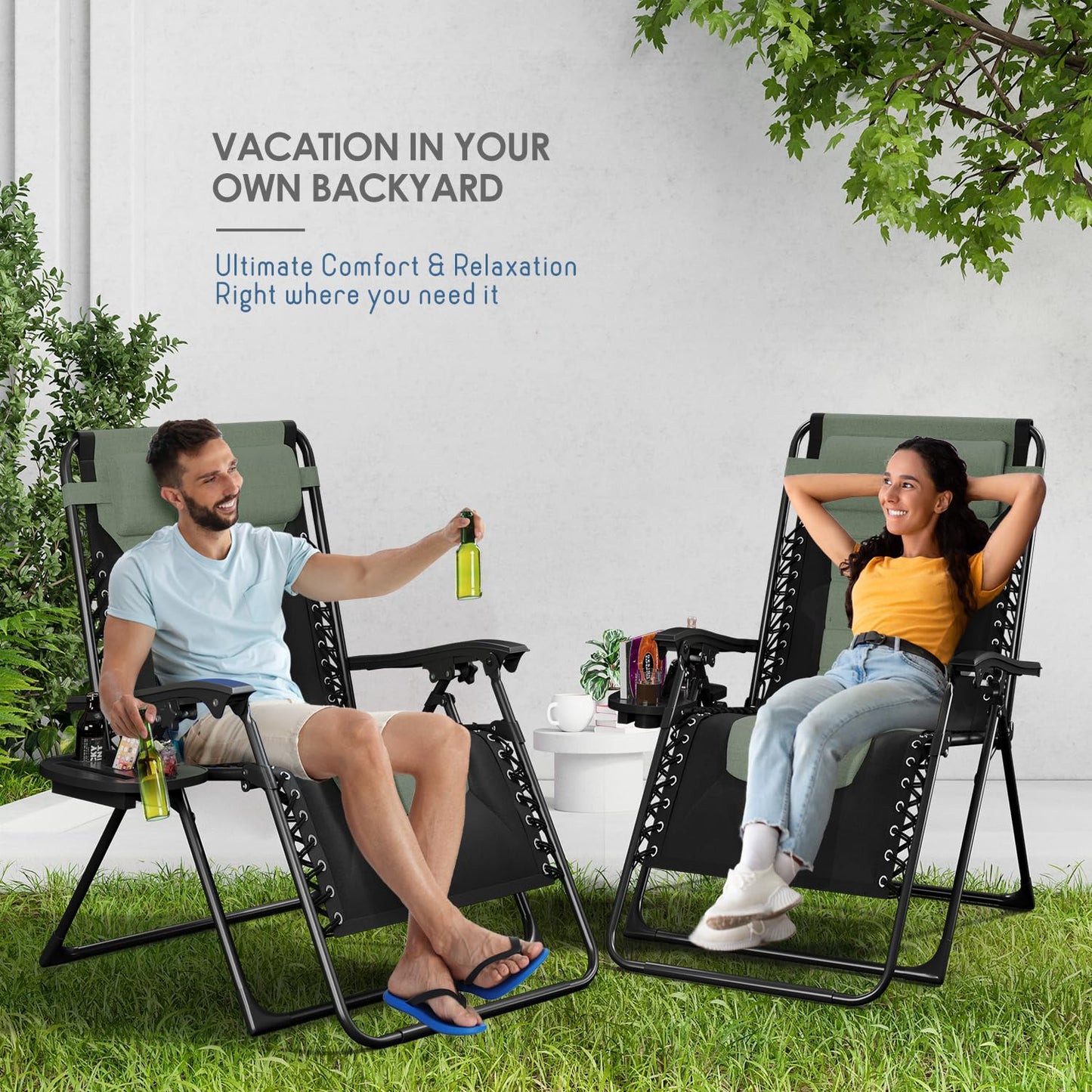 Nestl Outdoor Padded Zero Gravity Chair Set of 2, Patio Lounge Chair Outdoor Recliner, Oversized Anti Gravity Lounger with Adjustable Headrest and Cup Holder, Foldable for Camping- Black/Sage Green