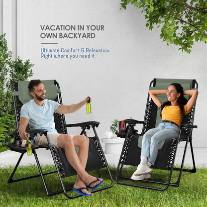 Nestl Outdoor Padded Zero Gravity Chair Set of 2, Patio Lounge Chair Outdoor Recliner, Oversized Anti Gravity Lounger with Adjustable Headrest and Cup Holder, Foldable for Camping- Black/Sage Green