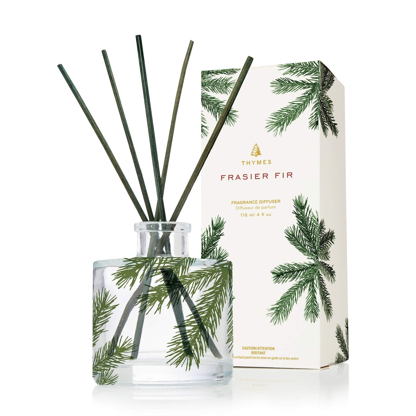 Thymes Frasier Fir Reed Diffuser Set – Includes Reeds, Fragrance Oil, and Frosted Glass Bottle – Fragrance Oil Diffuser – Room Fresheners – Luxury Home Decor – Green & Clear (Pine Needle, 4 fl oz)