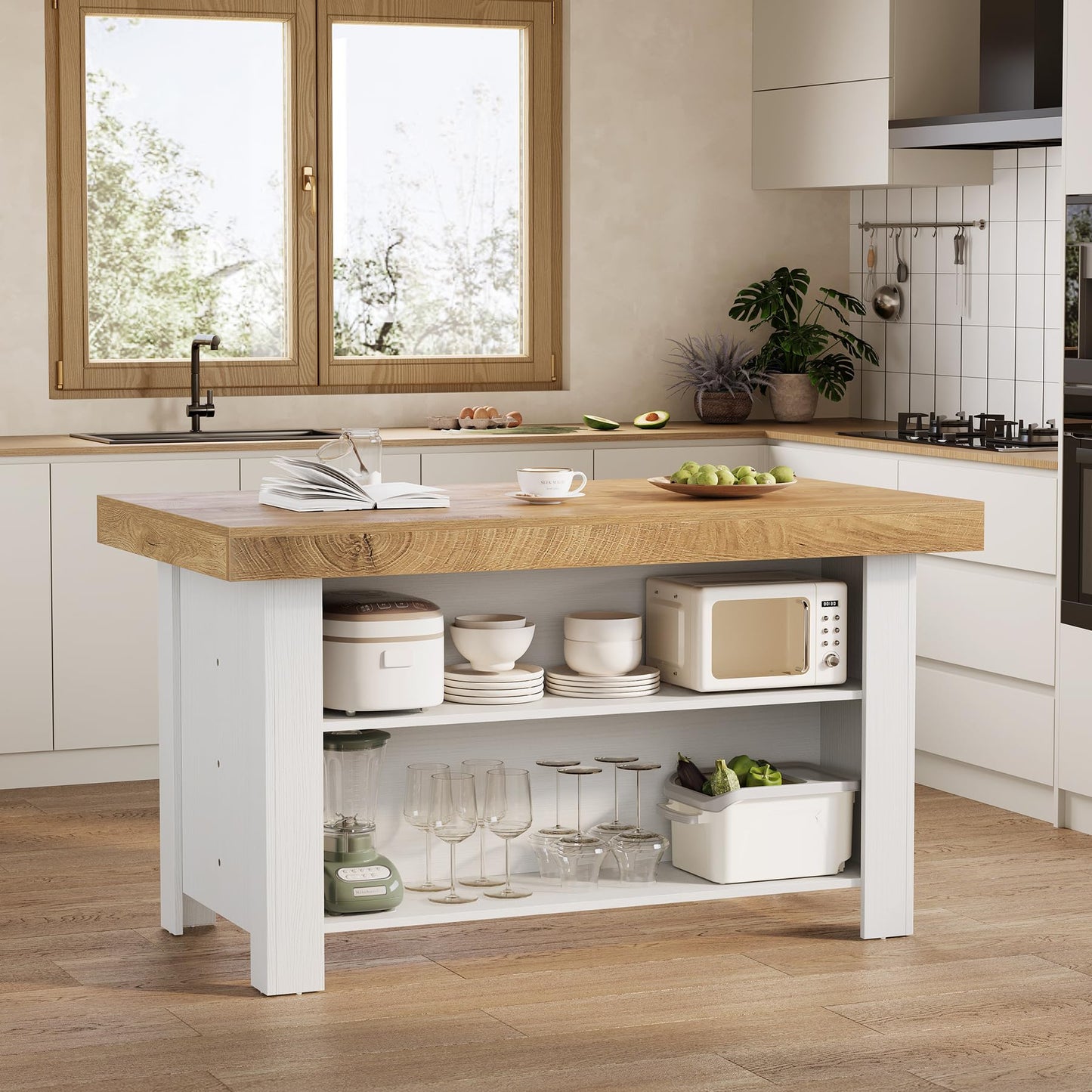 LITTLE TREE 55 Inches Kitchen Island with Storage, 3-Tier Farmhouse Stationary Island Table with Large Worktop & Leg Room, Modern Coffee Bar Table with Storage Shelf for Kitchen, Oak & White