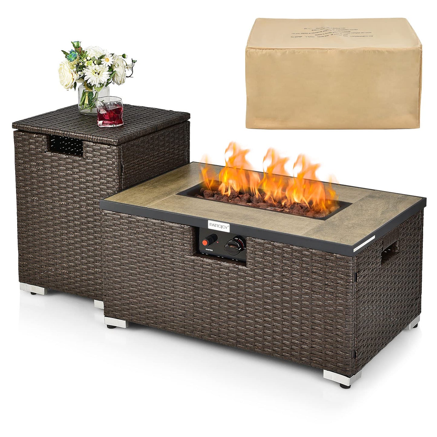 Tangkula 2 Piece Outdoor Propane Fire Pit Table Set with Hideaway Propane Tank Holder, 40,000 BTU Rattan Wicker Fire Pit Table with Lava Rocks, Waterproof Cover, Ideal for Backyard, Patio (Brown)