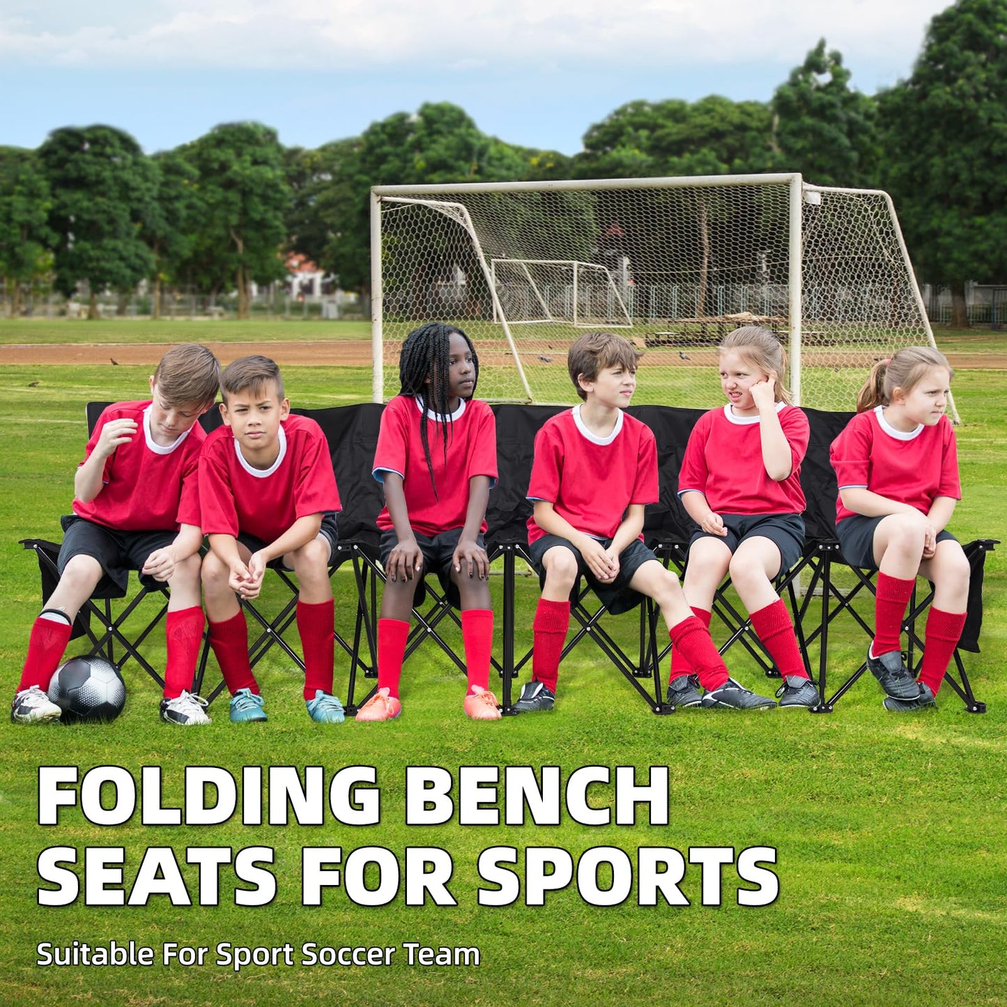 G GOOD GAIN Portable Soccer Bench - Team Bench Soccer 6 Seats with Bag, Sideline Folding Bench, Folded Chair Seating 6 for Football Camp Outdoor Sport Events, Team Chairs for Adults, Black