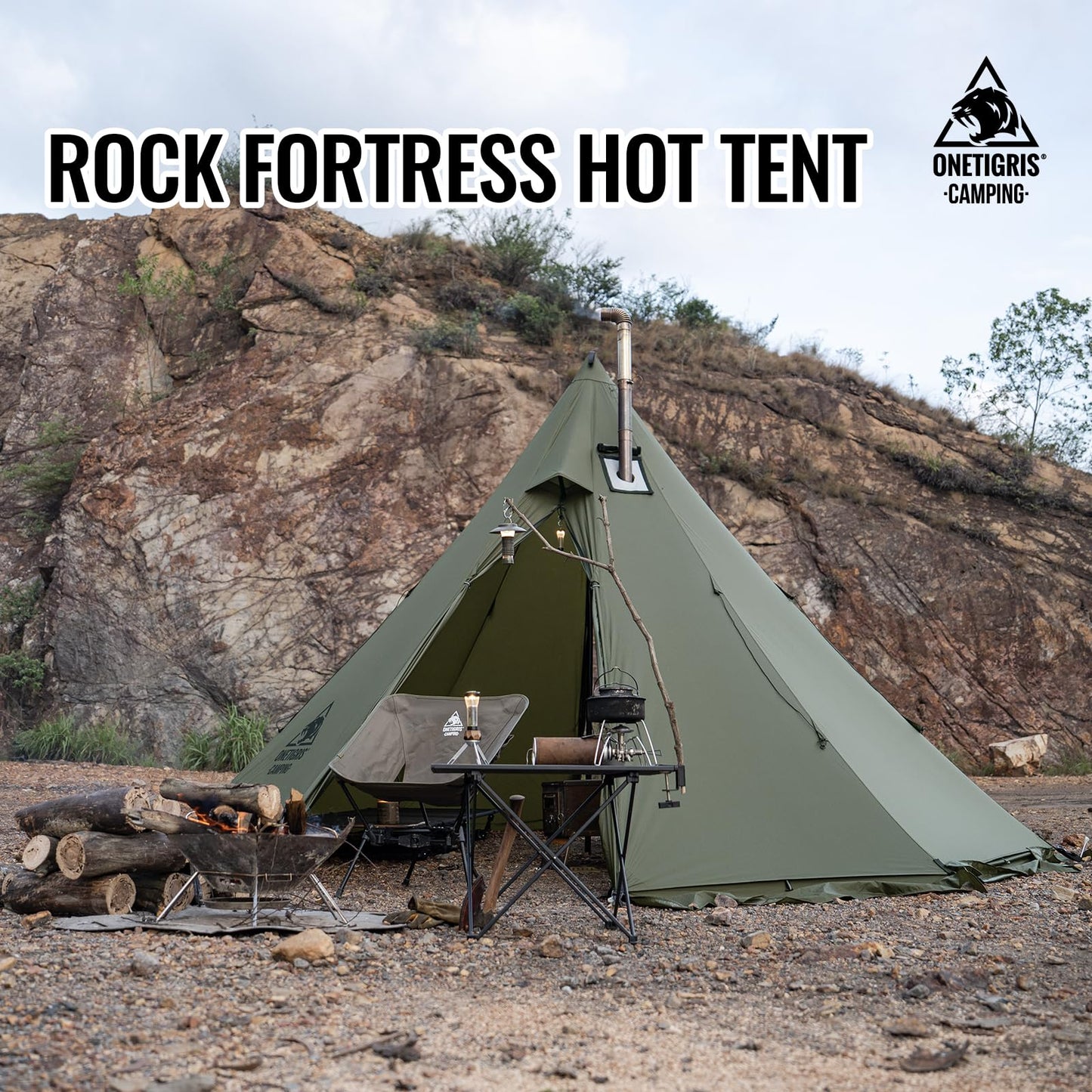 OneTigris Rock Fortress Hot Tent with Stove Jack, 4 Season, 4-6 Person Tipi for Camping, Backpacking, Hunting, Fishing - Waterproof, Wind-Proof