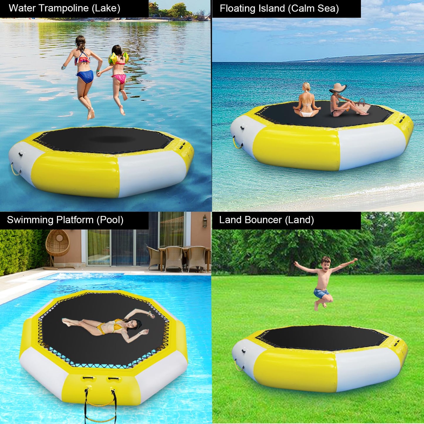 XHYCPY Inflatable Water Trampoline, 10FT/12FT Recreational Water Bouncer w/Inflator, Rope Ladder, Storage Bag, Portable Bounce Swim Platform for Lakes, Pools, Calm Sea