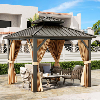 GarveeHome Outdoor Gazebos Canopy 10 x 10 ft Permanent with High Strength Aluminum Frame, Iron Double-Roof, Pavilion with Curtain and Netting for Patio, Lawn, Deck, Garden
