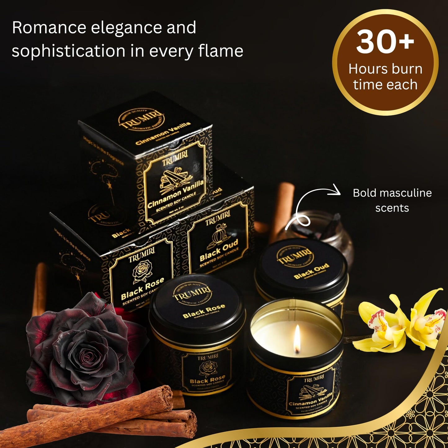 Candle Gift Set of 3 Black Oud|Cinnamon Vanilla|Black Rose Strong Scented Soy Candels Clean Non Toxic Velas Aromáticas Favors for Women Coworkers Friends Guests Also for Diwali Christmas Holidays