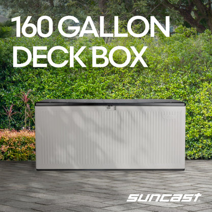 Suncast 160-Gal. Resin Extra-Large Outdoor Patio Deck Box with Pad-Lockable Lid, Modern Reeded Outdoor Patio Bench/Storage Box for Cushions, Garden Tools, and More, Iron Ore/French Gray