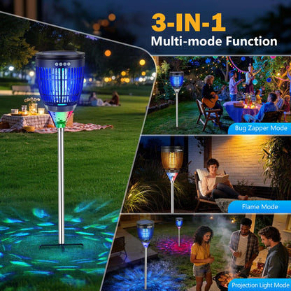 All in 1 Solar Bug Zapper Outdoor, Flame & Projection Mode, Auto/Manual Modes, 4200V Electric Mosquito Killer with High Powered, IPX5 Waterproof Rechargeable Fly Insect Trap for Patio Garden Yard RV