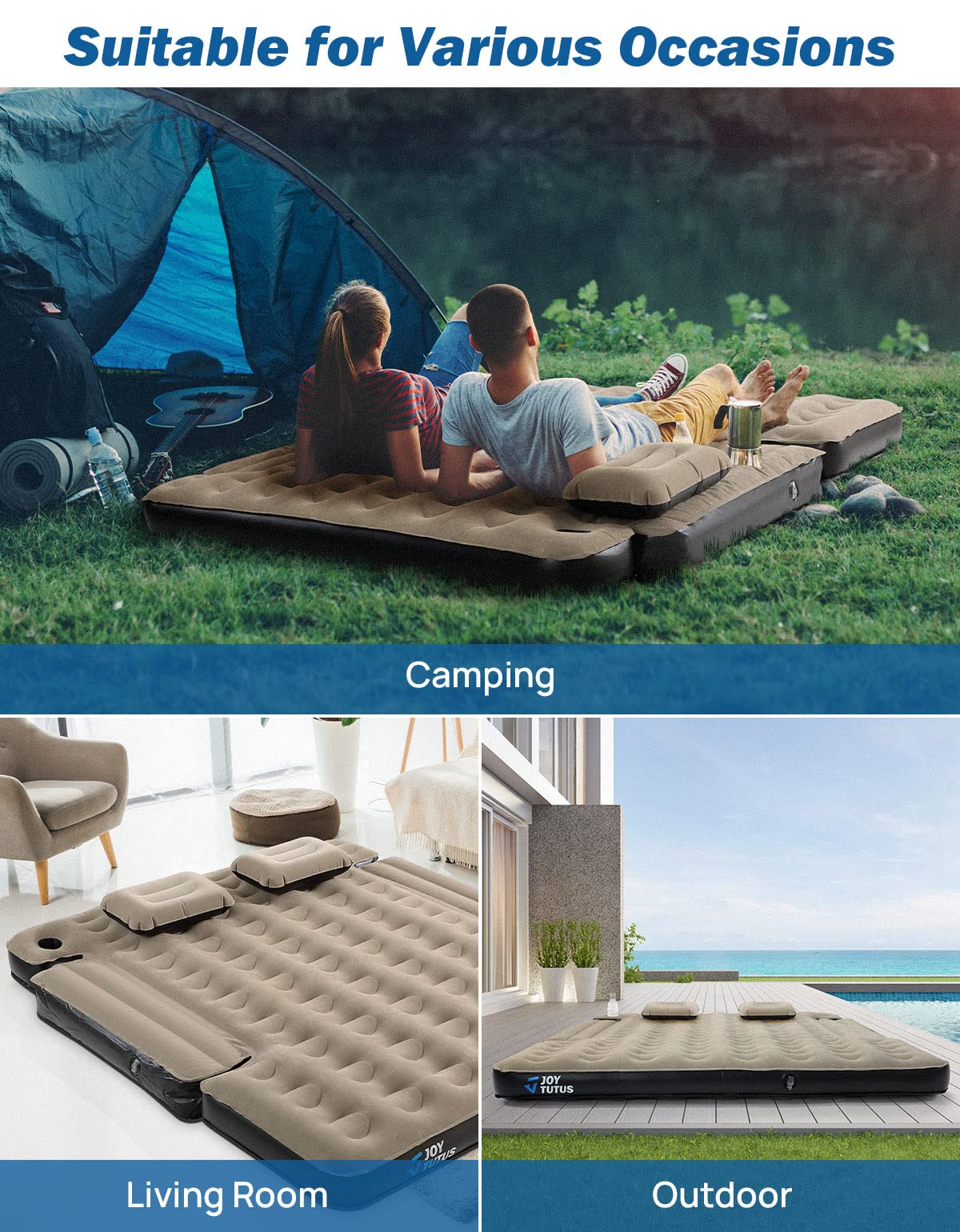 JOYTUTUS Truck Bed Mattress for 5.5-5.8Ft, Full Size Inflatable Mattress Pickup Short Beds for Outdoor Camping, with Carry Bag & Cup Holder & Cavity Design, Camel&Black