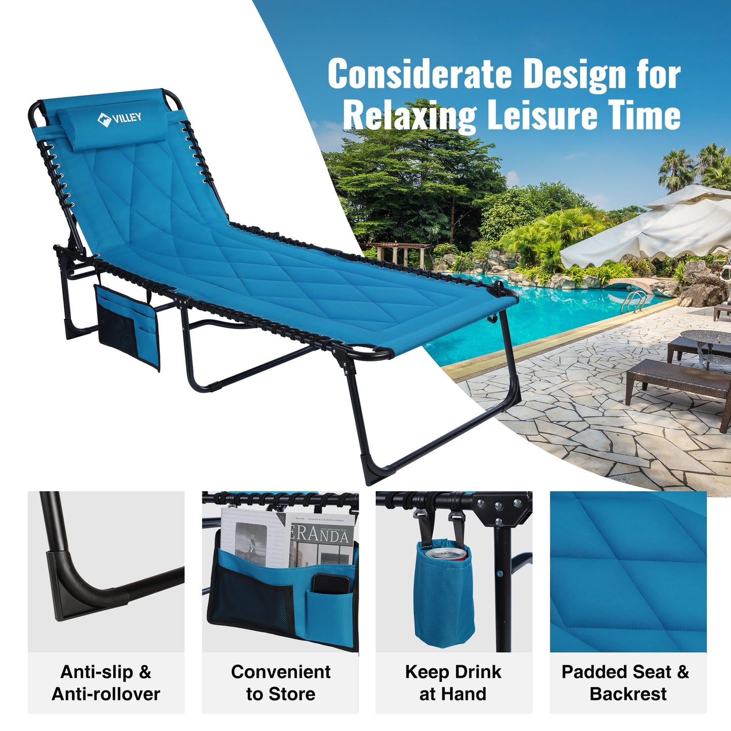 VILLEY Oversized Padded Chaise Lounge with Cushion, Foldable Camping Cot, Patio Reclining Lounge Chairs, Folding Sleeping Bed for Outdoor, Indoor, Backyard, Garden, Camping, Relaxing, Beach Tanning