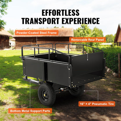 VEVOR Heavy Duty ATV Trailer Steel Dump Cart, 750 lbs 15 Cubic Feet, Garden Utility Trailer Yard Trailers with Removable Sides for Riding Lawn Mower Tractor