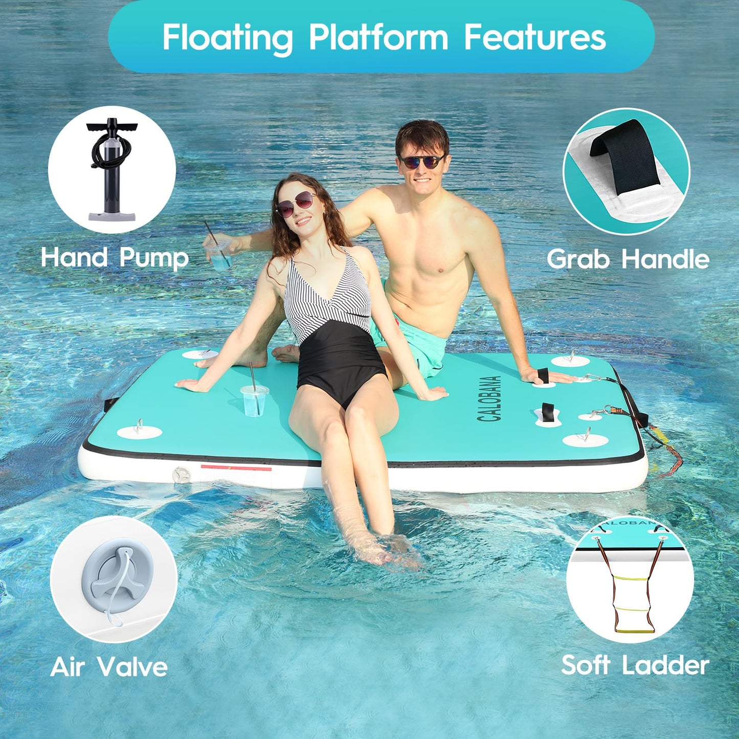 CALOBANA 10ft x 6ft Inflatable Floating Dock, Lake Floats for Adults Floating Raft Air Water Platform with Detachable Ladder for Lake Swimming Pool