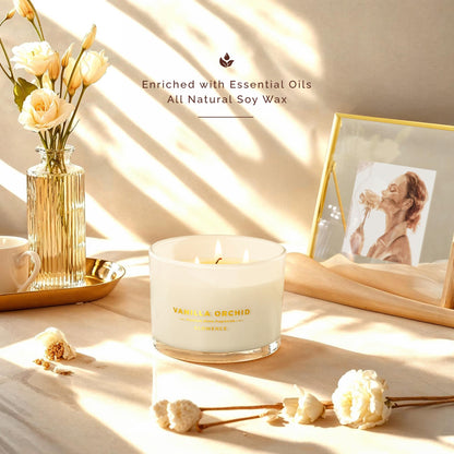 Glowence Luxury Vanilla Scented Candle - Large 3 Wick Jar Candle - Elegant Gift for Women & Men - 100% Natural Soy Wax - Up to 40 Hours Burning Time - Housewarming Aromatherapy Candle for Home