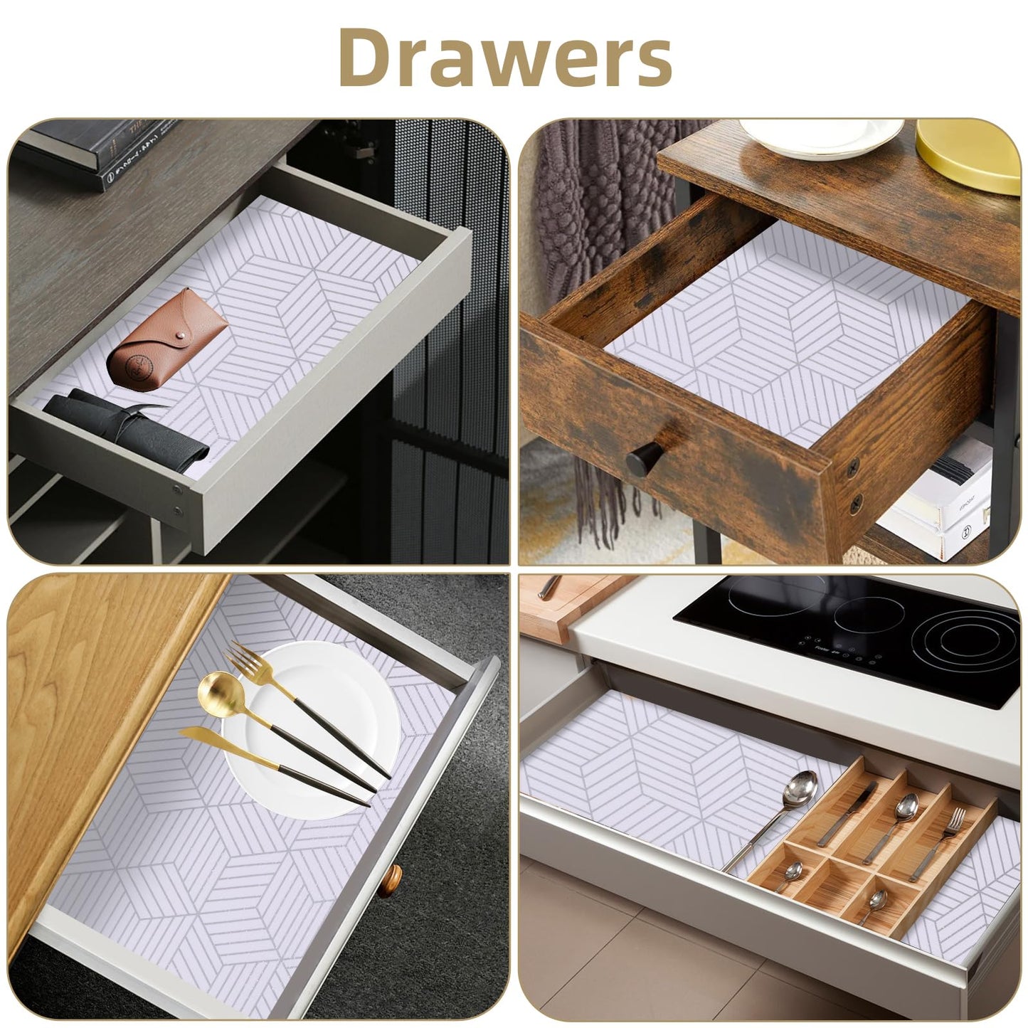 Shelf Liners for Kitchen Cabinets 12in x 30FT, Non Adhesive Cabinet Liner Strong Non-Slip Thickened Silver Geometric Easy to Clean for Shelf, Cabinet, Refrigerator with Knife and Tape Measure