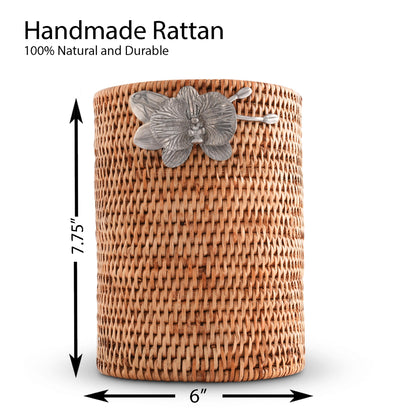 Vagabond House Wicker Rattan Utensil Holder, 8 Inches Tall, Large Kitchen Organizer with Pewter Orchid, Woven Boho Decor for Practicality and Style