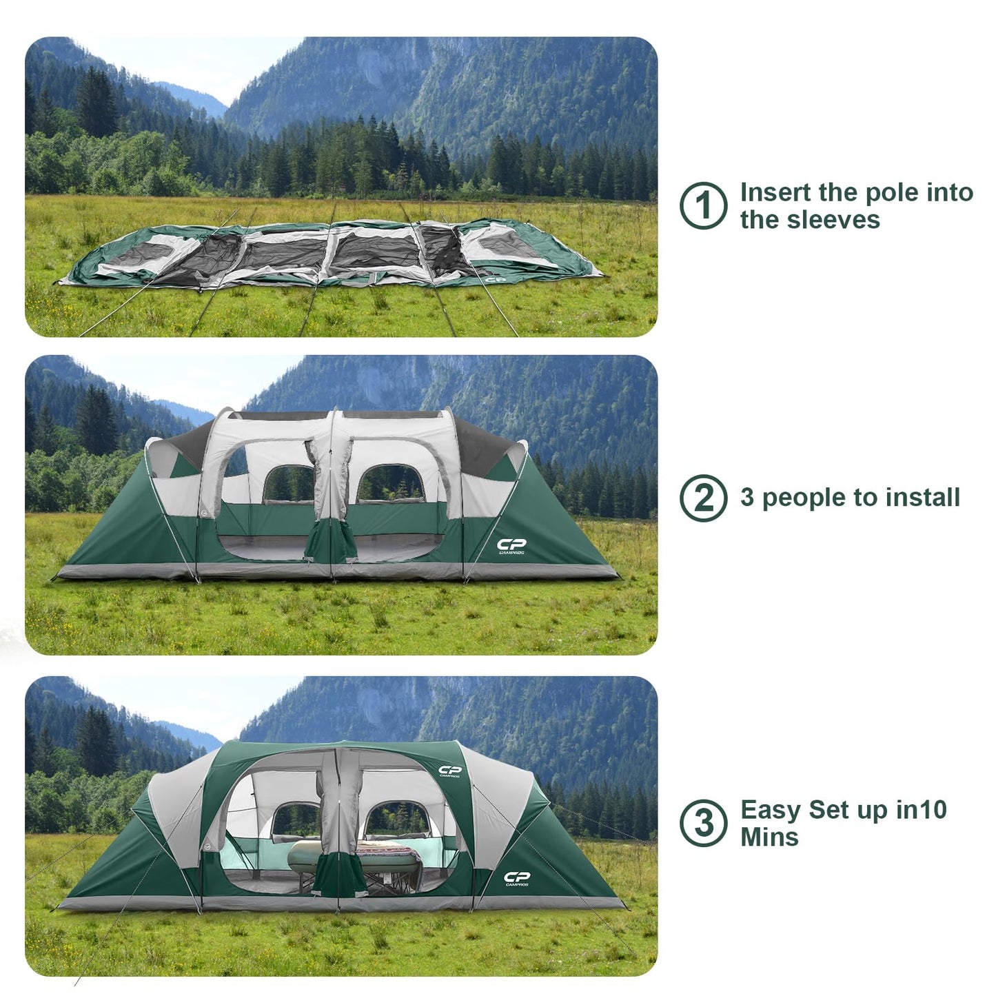 CAMPROS CP Tent 12-Person-Camping-Tents,3 Room Family Tents,Waterproof Windproof Family Tent with Top Rainfly,6 Large Mesh Windows,Double Layer,Easy Set Up, Portable with Carry Bag-20' x 9' x 72"(H)