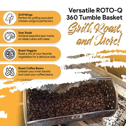 ROTO-Q 360 Cordless Rotisserie Kit w/Tumble Basket - Stainless Steel, Non-Electric - For Grills, Ovens, Smokers - Gas/Charcoal BBQ, Kamado Joe, Green Egg, Kettle - Indoor/Outdoor Use (Black)