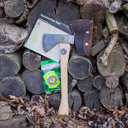 Snow & Nealley Boxed Set, Camper Axe Gift Set, Portable Penobscot Bay Kindling Axe, Belt Sheath, Compass, and Trail Map