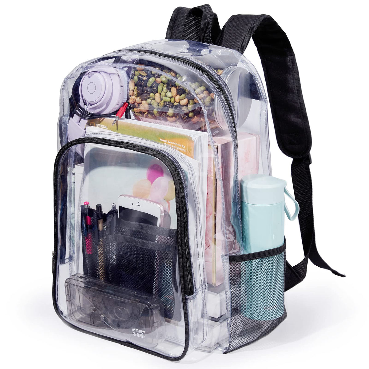 Jusdot Clear Backpack, Transparent Backpack Heavy Duty PVC See Through Backpacks Clear Bag for School, Workplace, Black