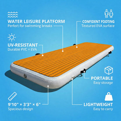 FluxionX Inflatable Dock Platform, 9'10" x 3'3" x 6" PVC Floating Water Platform with Non-Slip EVA Surface for Boats, Yachts, Jet Skis & Lake Leisure, Pump, Carry Bag & Repair Kit