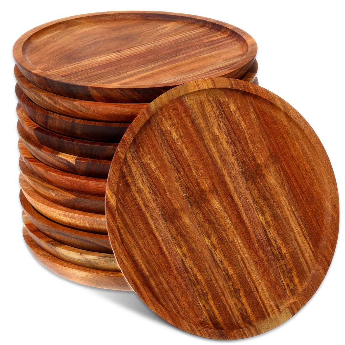 Rtteri 12 Pcs Acacia Wood Dinner Plates Round Wood Dishes Wooden Charger Serving Tray Easy Cleaning Lightweight Unbreakable Classic Plate for Snack Dessert Housewarming Gift(0.98 Inches)