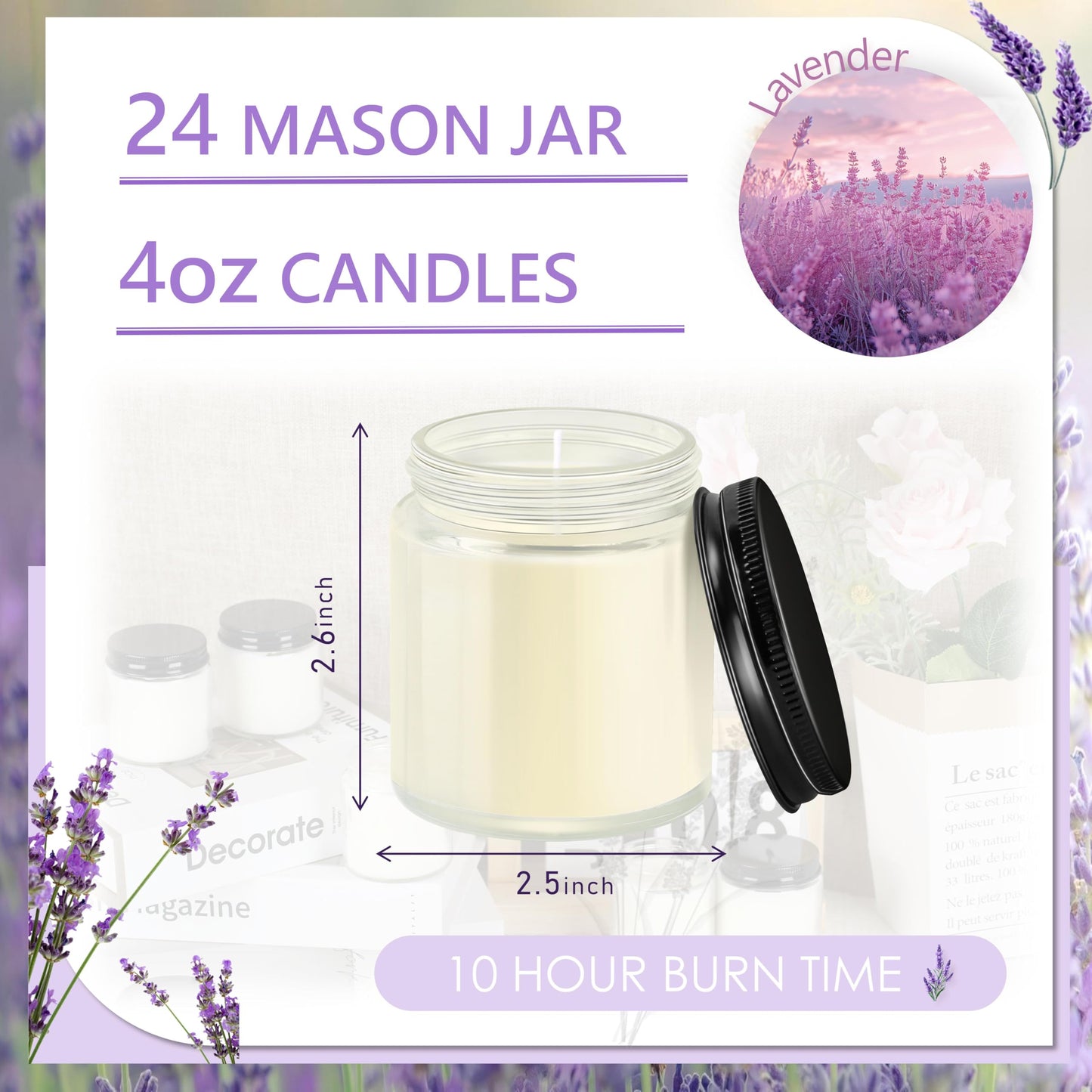Cmoott 24 Pcs 4 Oz Mason Jar Candles, Lavender Scented Soy Candles Bulk Set for Stress Relief and Relaxation, Great Favors for Wedding, Christmas, Housewarming Gifts (Black, Lavender, 24)