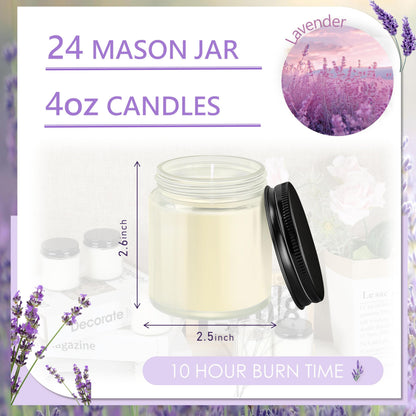 Cmoott 24 Pcs 4 Oz Mason Jar Candles, Lavender Scented Soy Candles Bulk Set for Stress Relief and Relaxation, Great Favors for Wedding, Christmas, Housewarming Gifts (Black, Lavender, 24)