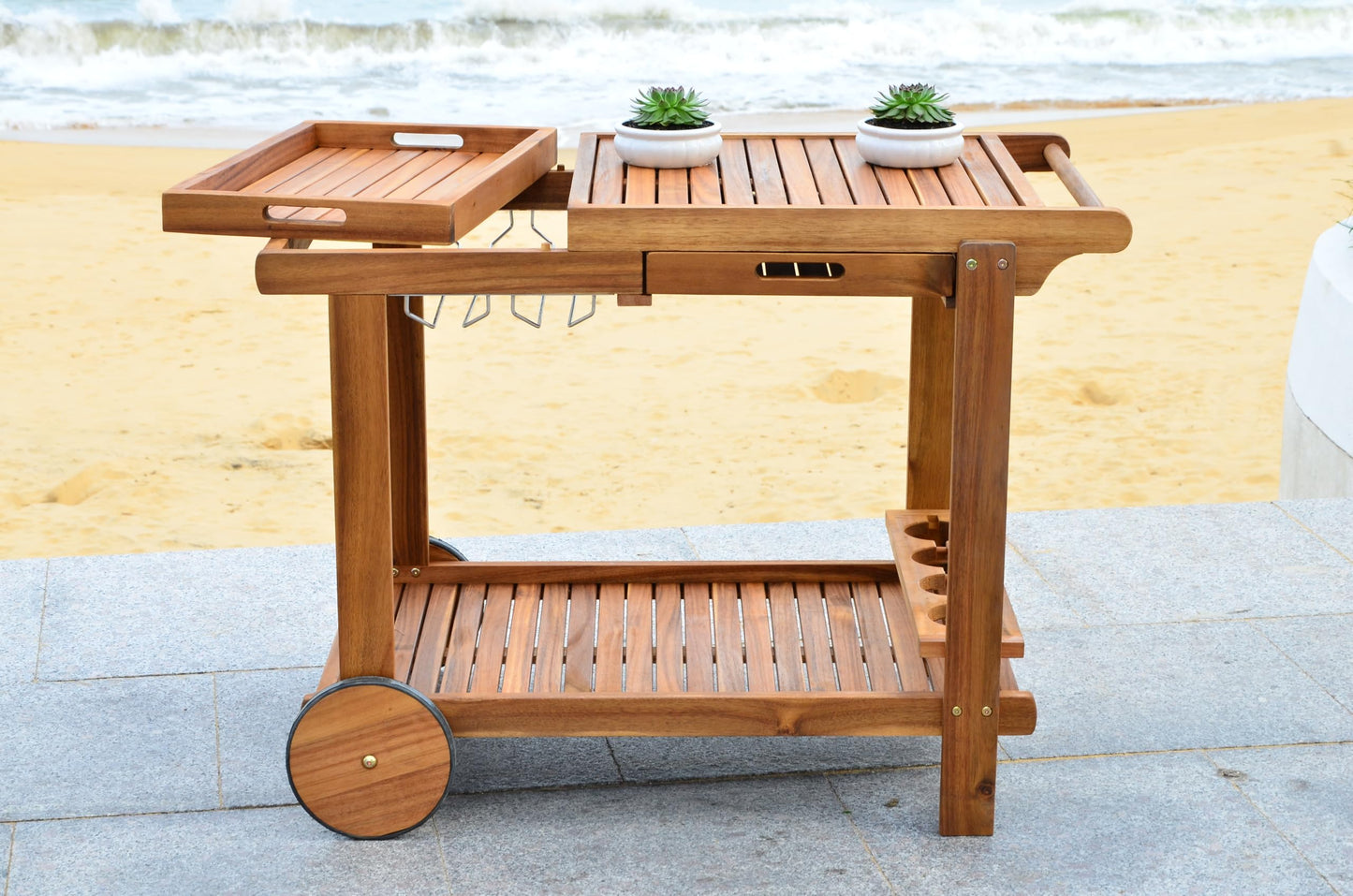 Safavieh -Outdoor Collection Orland Natural Wood Tea Trolley Cart