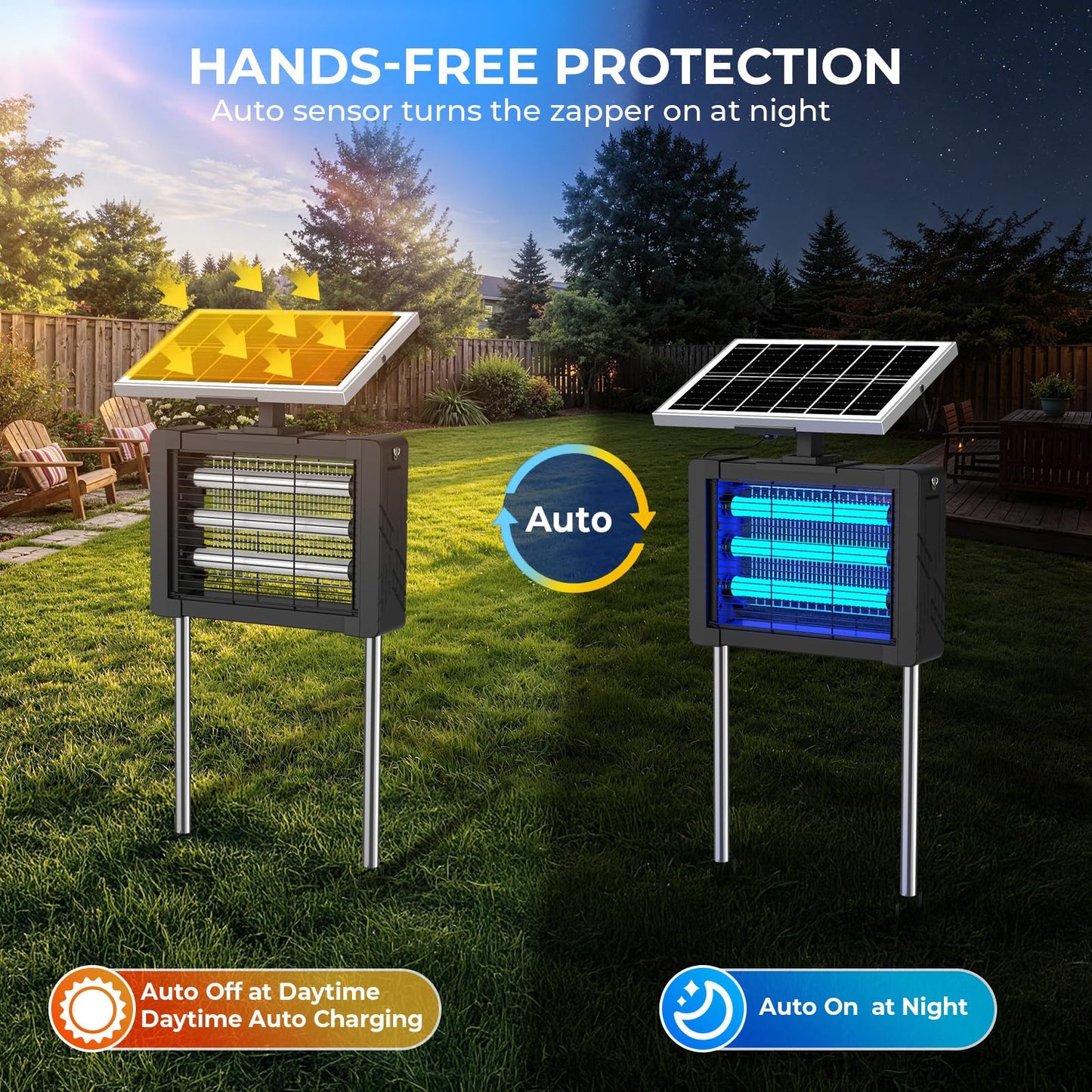 Solar Bug Zapper Outdoor, Portable Rechargeable Mosquito Zap with 3 Lamps, 4500V Electric Insect Zapper, 5400mAh Battery, 10FT Solar Cord, IPX5 Waterproof Fly Zapper for Patio Backyard Garden Camping
