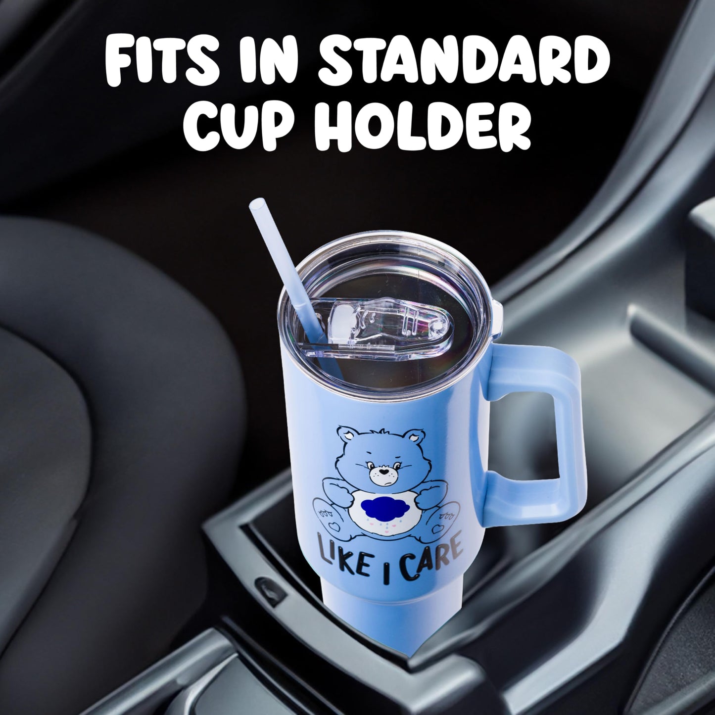 Silver Buffalo Care Bears Grumpy Bear Like I Care Stainless Steel Tumbler with Handle and Straw, Fits in Standard Cup Holder, 40 Ounces (Pack of 12)