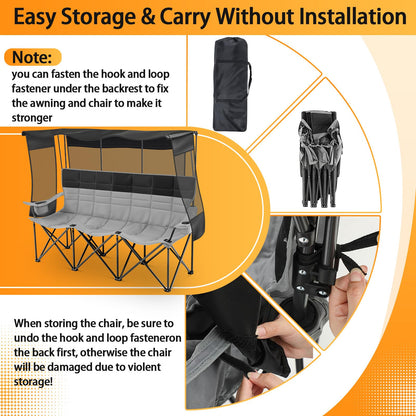 Teenyyou 3 Person Camping Chair with Canopy Shade -Oversized Beach Chair with UV Sun Protection, 700lbs Heavy Duty Foldable Loveseat with 2 Cup Holder & Storage for Beach Lawn Outdoor(Black and Grey)