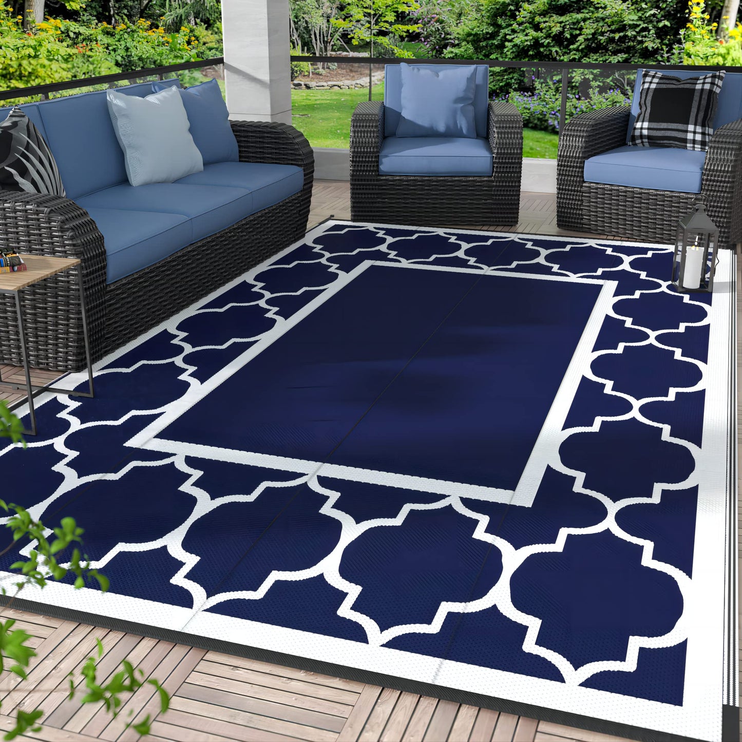GENIMO Outdoor Rug 4'x6' 9'x12' for Patio, Reversible Plastic Waterproof RV Rugs, Clearance Mat, Porch, Camping, Picnic, Deck, Camper, Balcony, Blue & White