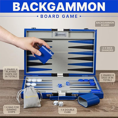 Backgammon Sets for Adults – 15-Inch PU Leather Board Game – Classic 2-Player Travel Backgammon Set with 32 Playing Pieces Dice and Cups