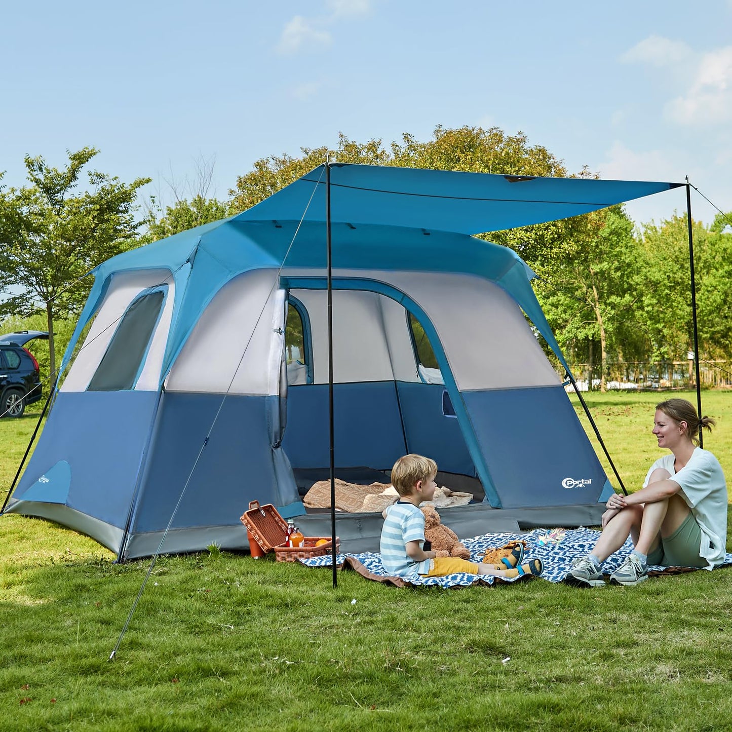Portal 6 Person Cabin Tent for Camping with Porch, Family Waterproof Camping Tent with Rainfly and Carry Bag, 76" Tall Outdoor Tents for Camping