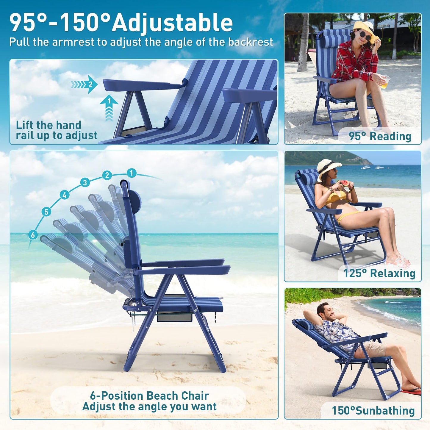 Suteck Backpack Beach Chairs for Adults 2 Pack, 6-Position Folding Reclining Chair with Cooler Bag & Cup Holder, Lightweight Portable Beach Chair for Camping, Outdoor, Sand, Travel Use