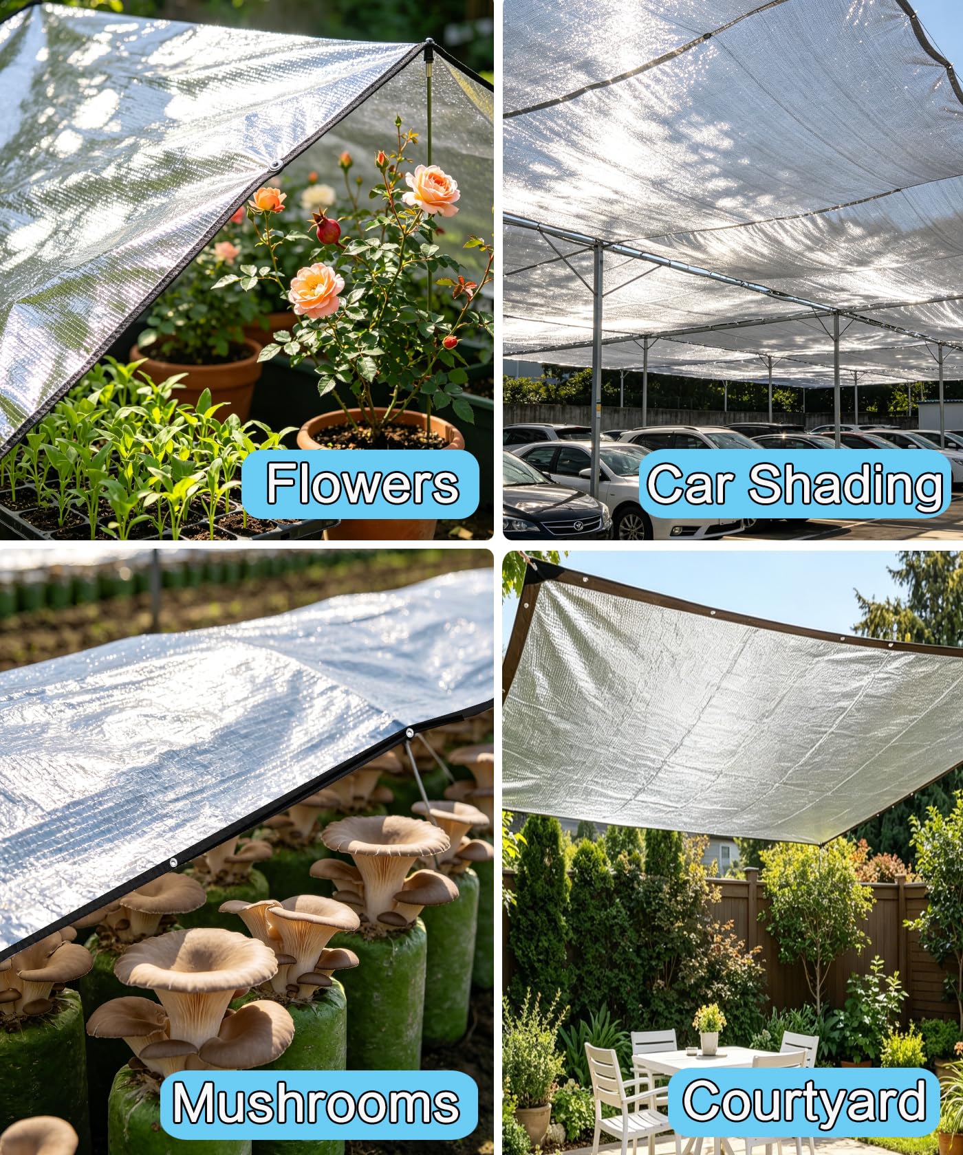 70% Aluminum Shade Cloth for Garden 20 FT x 20 FT, Durable Mesh Silver Tarps with Grommets and Ball Bungee,Reflective Sun Shade Net Cover for Pet Shade, RV & Car Shades, Patio, Pergola, Plants, Pools