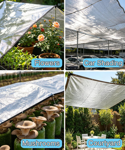 70% Aluminum Shade Cloth for Garden 20 FT x 20 FT, Durable Mesh Silver Tarps with Grommets and Ball Bungee,Reflective Sun Shade Net Cover for Pet Shade, RV & Car Shades, Patio, Pergola, Plants, Pools