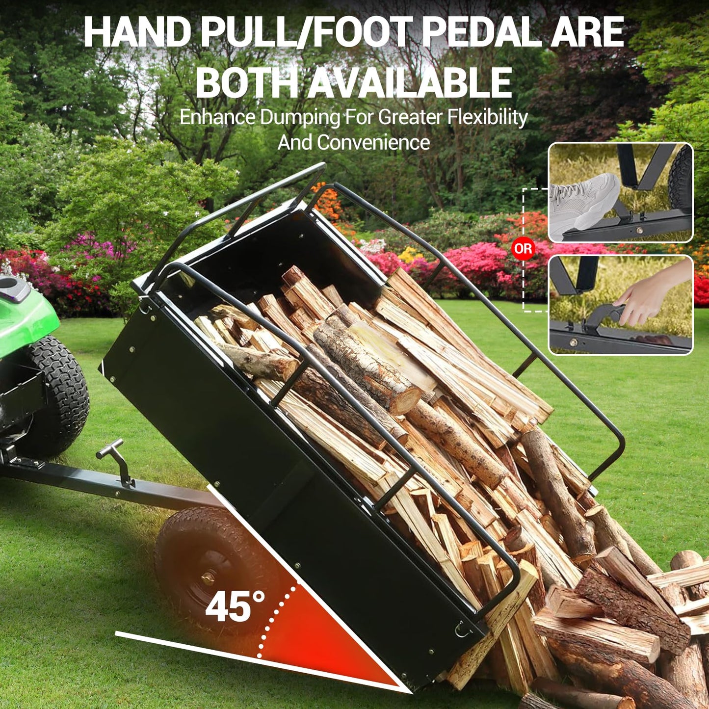 GarveeLife 750 LBS Garden Utility Trailer, 15 Cubic Feet Heavy Duty Steel Dump Cart Feetwith Removable Sides,Hand Pull or Foot Pedal Garden Cart for ATV, UTV, Lawn Mowers and Tractors