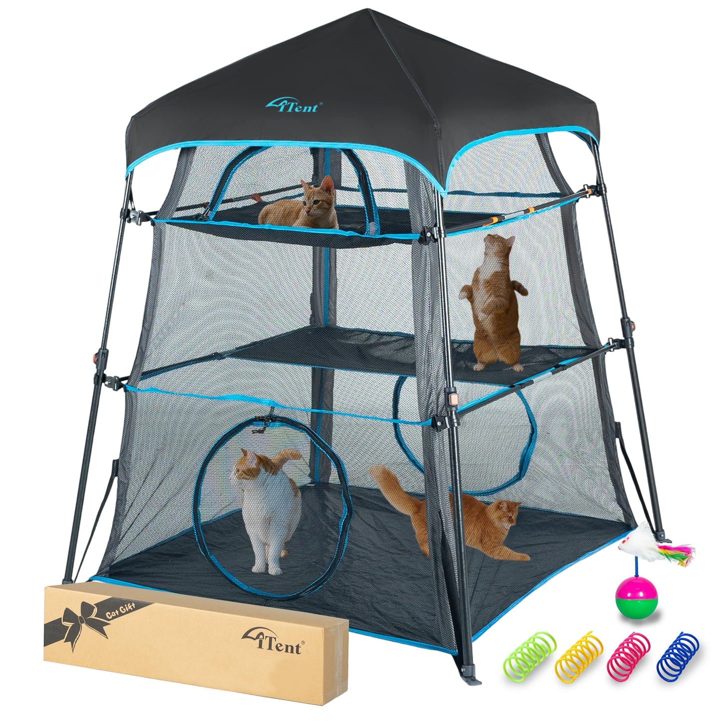 Itent X-Large Catio Outdoor Cat Enclosure,3 Tier Cat Tower Tent Weatherproof & Sunproof with Waterproof Floor & 3 Doors, Foladable and Portable for Patio, Deck,Camping, Indoor & Outdoor(Patented)+3 Tu